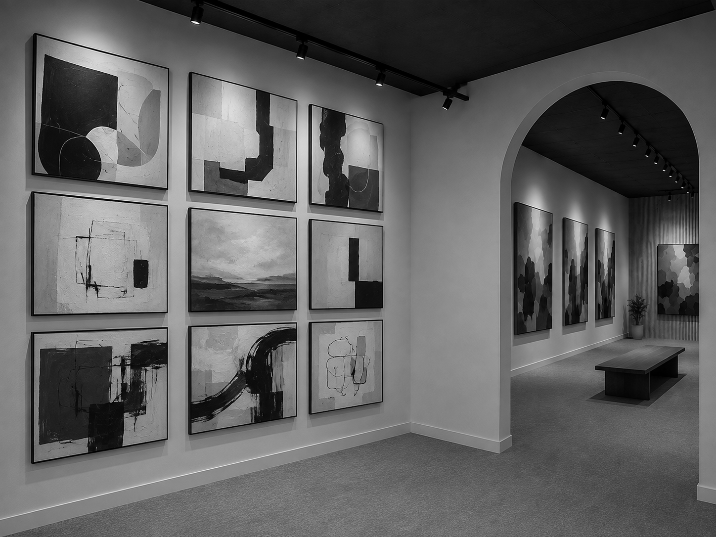 Intérieur de la galerie Tablo avec grille de tableaux et arche